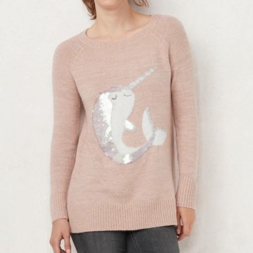 Women's Lauren Conrad Embellished Sequins Dolphin Knit Sweater Top Size XL EUC